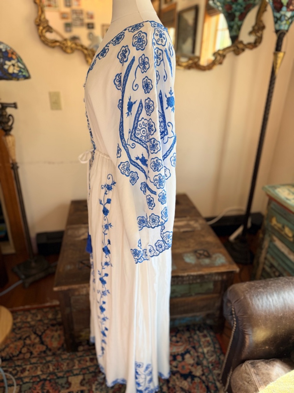 Fillyboo White Maxi Dress with Blue Embroidery and Tassel Drawstring - Picture 2 of 8